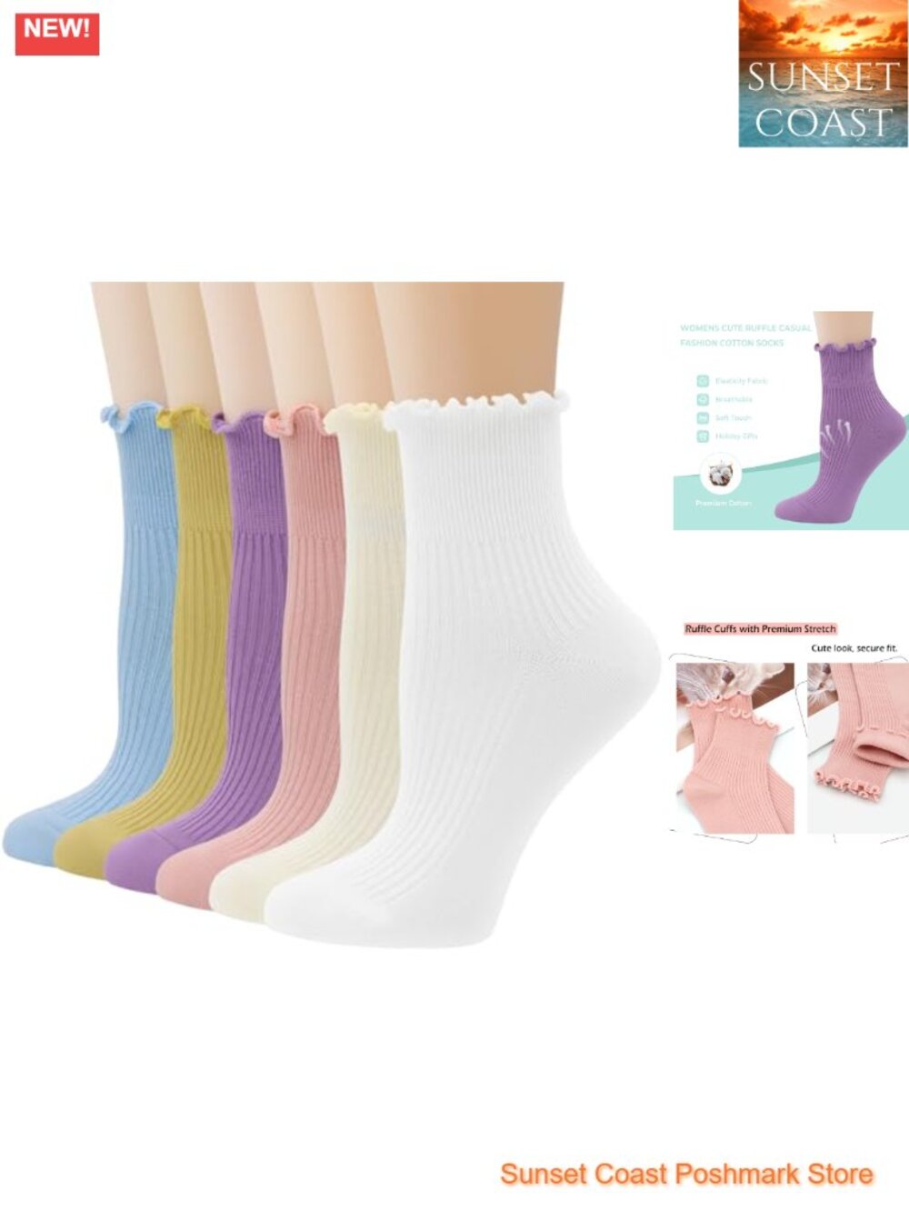 Womens Ruffle Crew Socks Cotton Cute Ankle Soft Breathable Frilly 6 Pairs